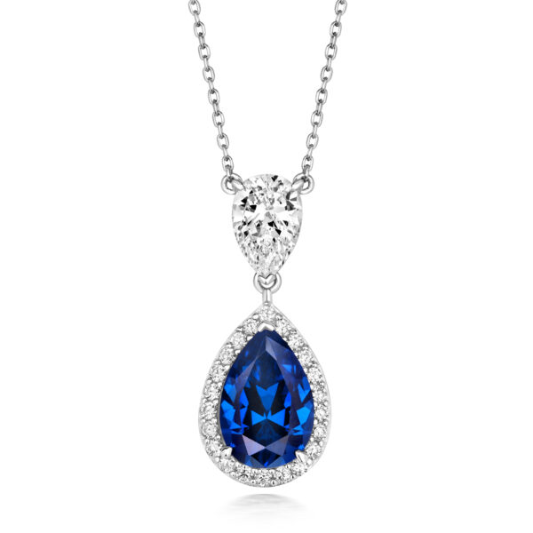 STERLING SILVER PEAR SHAPE HALO STYLE DOUBLE DROP PENDANT (LAPIDARY)