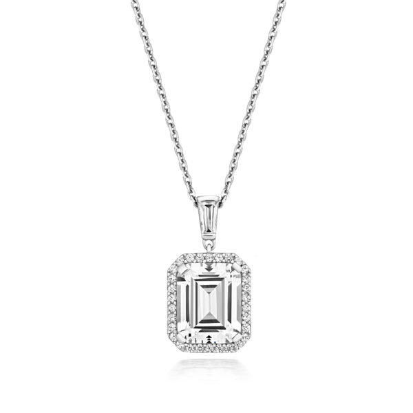 STERLING SILVER 10X8MM EMERALD CUT HALO STYLE PENDANT (LAPIDARY)