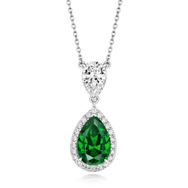 STERLING SILVER PEAR SHAPE HALO STYLE DOUBLE DROP PENDANT (LAPIDARY)