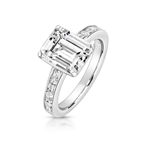 Sterling Silver Emerald Cut With Baguette Channel Set Shoulders Ring (Lapidary)