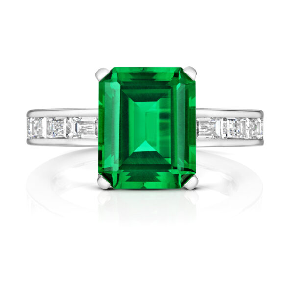 Sterling Silver Green Emerald Cut Solitaire With Baguette Channel Set Shoulders Ring