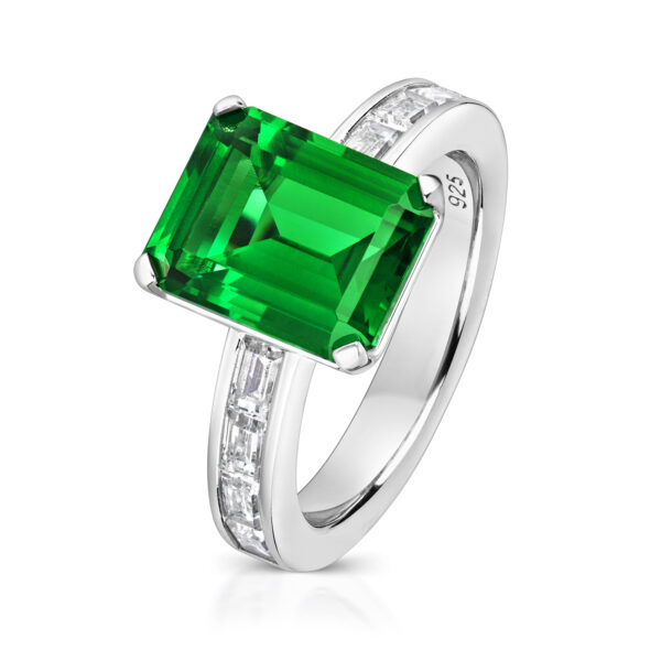 Sterling Silver Green Emerald Cut Solitaire With Baguette Channel Set Shoulders Ring - Image 2
