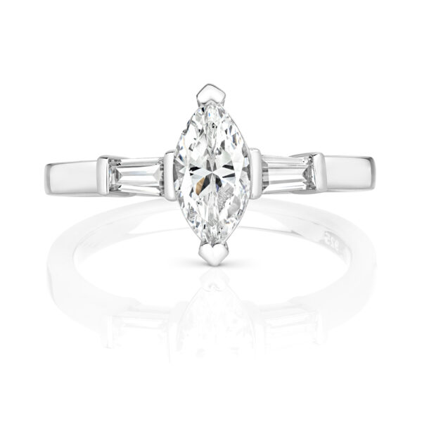 Sterling Silver Marquise Cut Centre Stone Claw Set With End Set Tapered Baguette Ring - Image 2