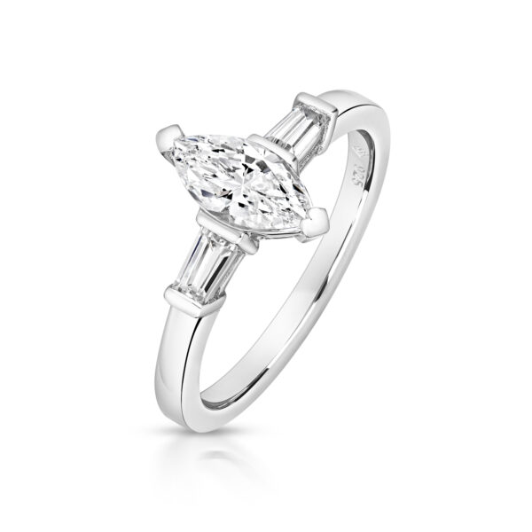 Sterling Silver Marquise Cut Centre Stone Claw Set With End Set Tapered Baguette Ring