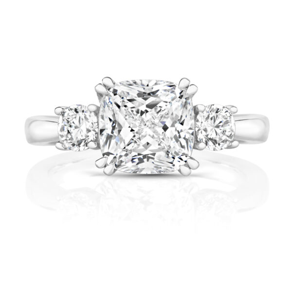 Sterling Silver Cushion Centre Stone Double Claw Set With Round Sides Trilogy Ring - Image 2