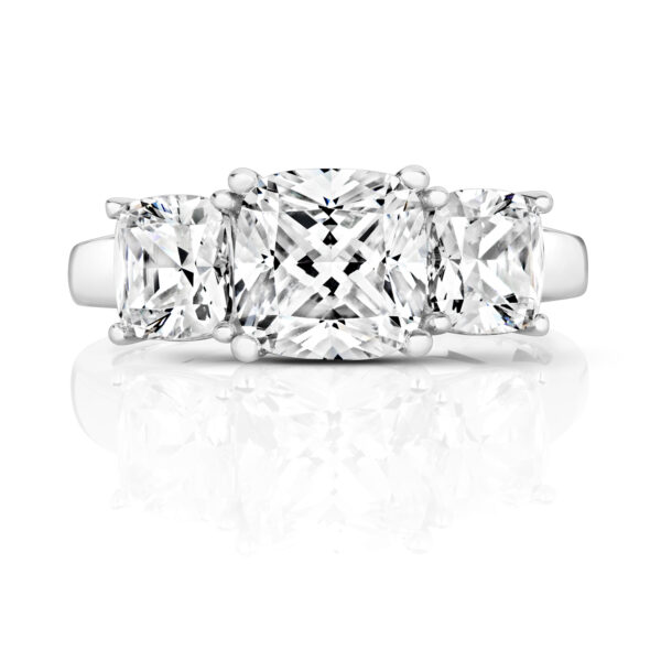 Sterling Silver Cushion Centre Stone Claw Set With Cushion Sides Trilogy Ring - Image 2