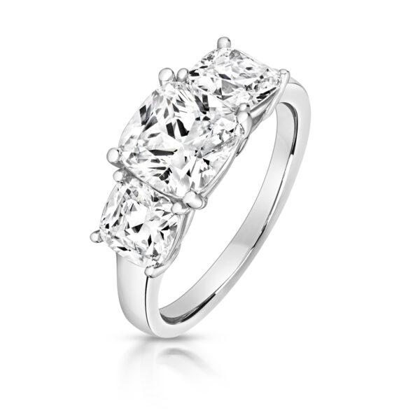 Sterling Silver Cushion Centre Stone Claw Set With Cushion Sides Trilogy Ring