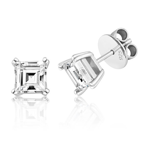 STERLING SILVER ASSCHER CUT 6.5MM CLAW SET STUD (LAPIDARY)