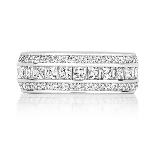 Sterling Silver Princess Cut Centre With Round Stone Sides 3 Row Eternity Ring - Image 2