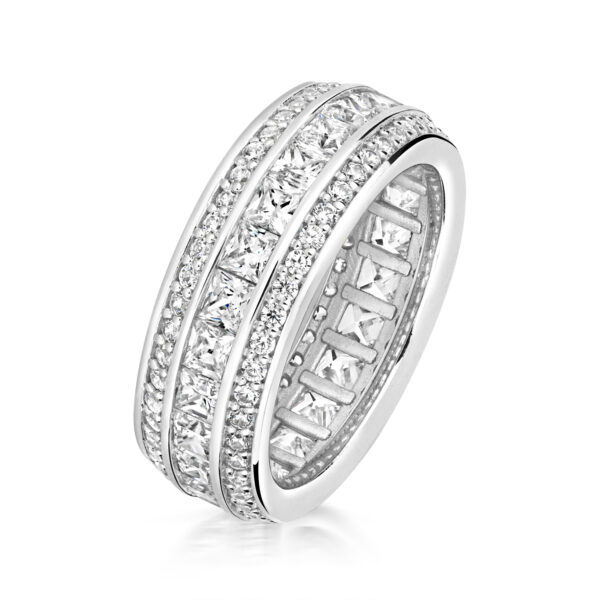 Sterling Silver Princess Cut Centre With Round Stone Sides 3 Row Eternity Ring