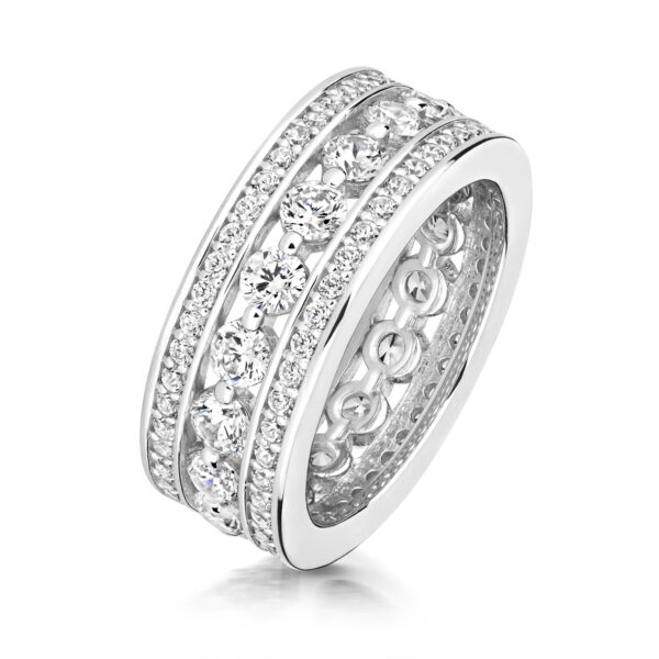 Sterling Silver Round Centre Claw Set With Round Stone Sides 3 Row Eternity Ring