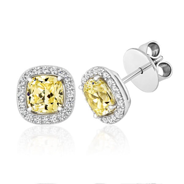 STERLING SILVER YELLOW CUSHION HALO STYLE STUD EARRINGS (LAPIDARY)