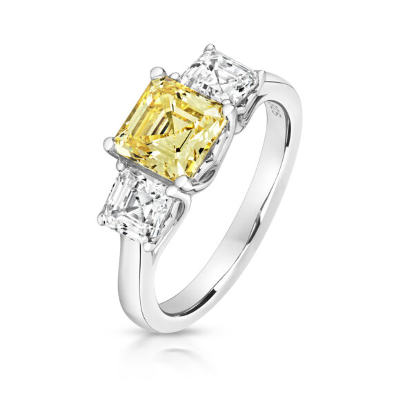 Sterling Silver Asscher Cut Yellow Centre Stone With Asscher Cut Sides Ring