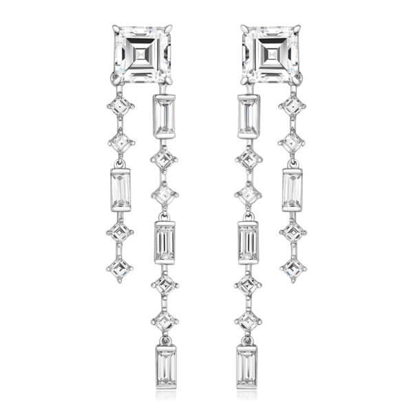 STERLING SILVER ASSCHER CUT WITH SQUARE AND BAGUETTE DROP EARRINGS (LAPIDARY)