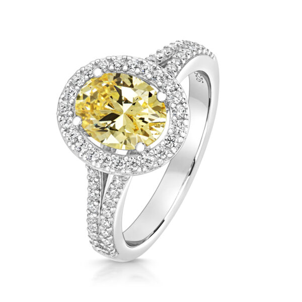 Sterling Silver Yellow Oval Centre Stone With Pave Set Split Shoulders Ring