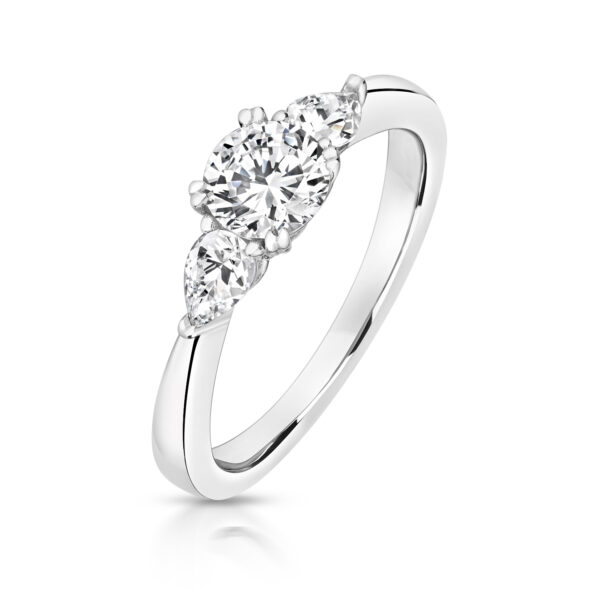 Sterling Silver Round Centre Stone Claw Set With Pear Shape Sides Trilogy Ring