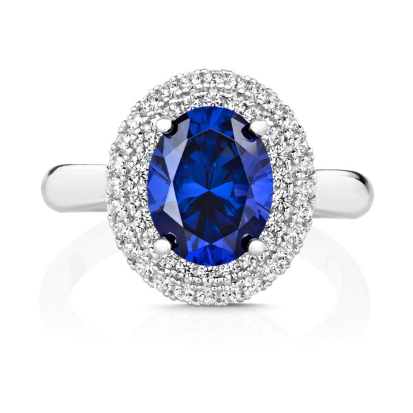 Sterling Silver Double Halo Blue Oval Centre Stone Dress Ring - Image 2