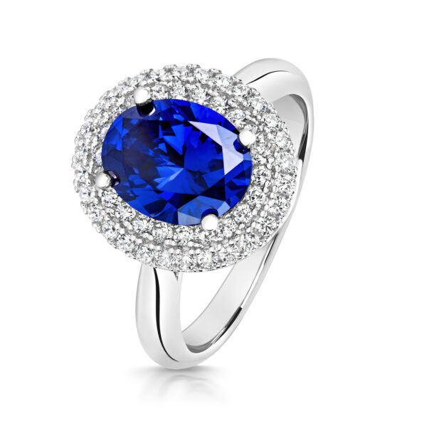 Sterling Silver Double Halo Blue Oval Centre Stone Dress Ring