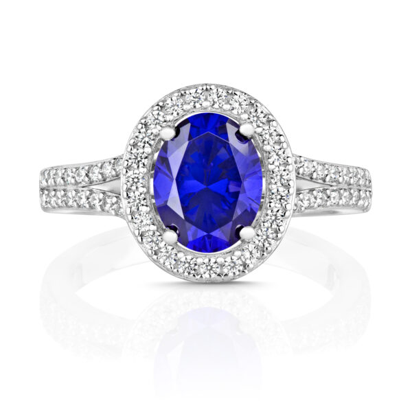 Sterling Silver Blue Oval Halo Centre Stone With Pave Set Split Shoulders Ring - Image 2