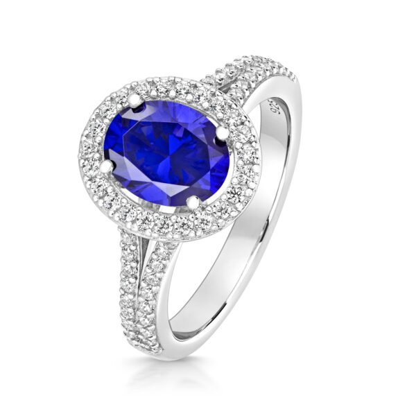 Sterling Silver Blue Oval Halo Centre Stone With Pave Set Split Shoulders Ring