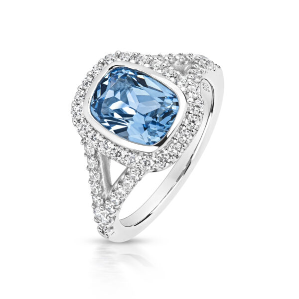 Sterling Silver Pale Blue Cushion Centre Stone With Split Shoulders Ring