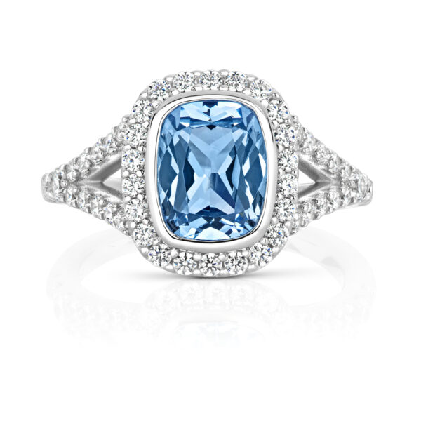 Sterling Silver Pale Blue Cushion Centre Stone With Split Shoulders Ring - Image 2