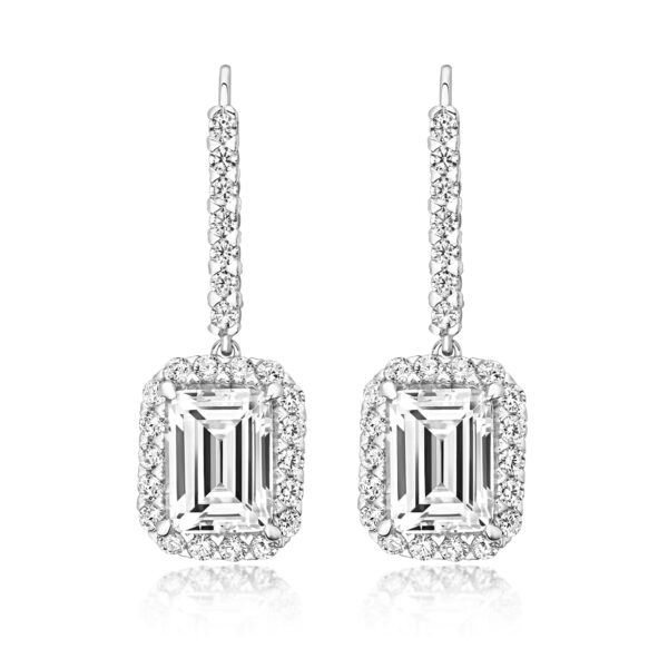 STERLING SILVER EMERALD CUT HALO STYLE DROP EARRINGS (LAPIDARY)