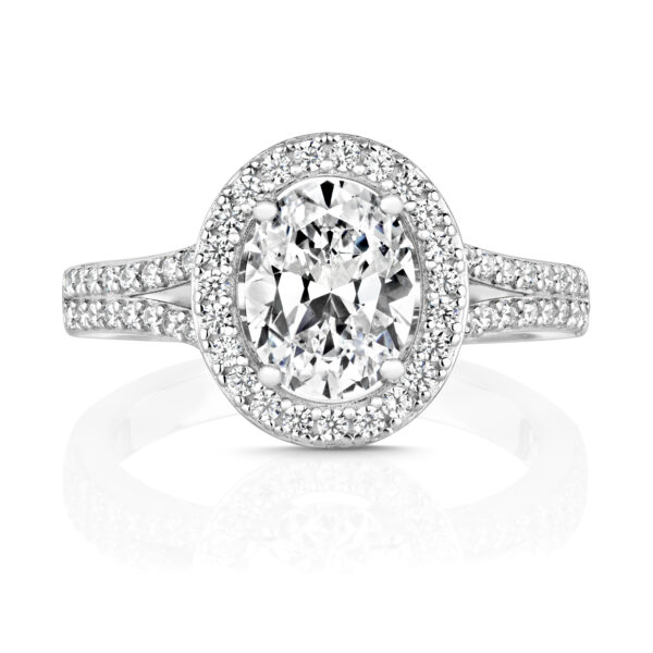 Sterling Silver Oval Halo Centre Stone With Pave Set Split Shoulders Ring