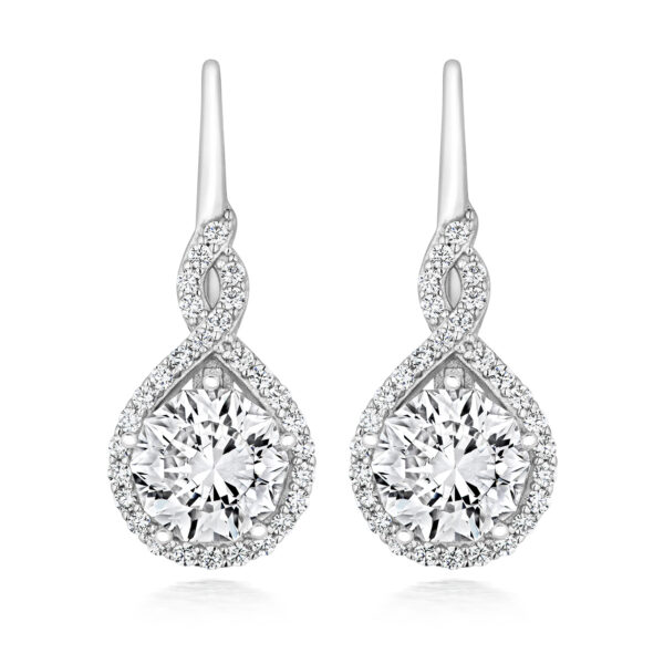 STERLING SILVER ROUND HALO STYLE CROSSOVER DROP EARRINGS (LAPIDARY)