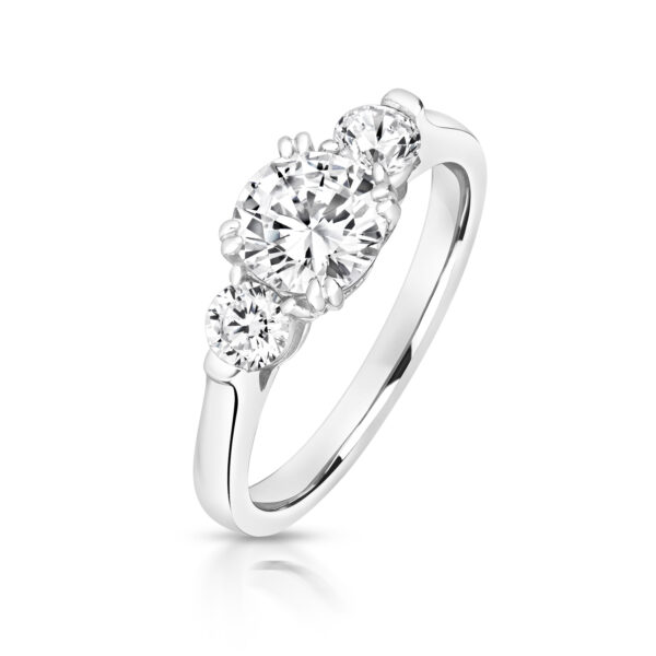 Sterling Silver Round Centre Stone Claw Set With Round Sides Trilogy Ring