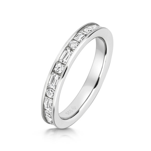 Sterling Silver Baguette And Round Stones Full Eternity Ring