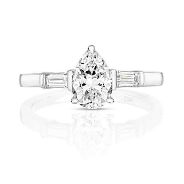 Sterling Silver Pear Cut Centre Stone With End Set Tapered Baguette Ring - Image 2