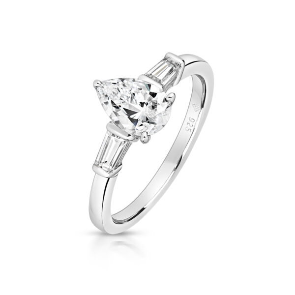 Sterling Silver Pear Cut Centre Stone With End Set Tapered Baguette Ring