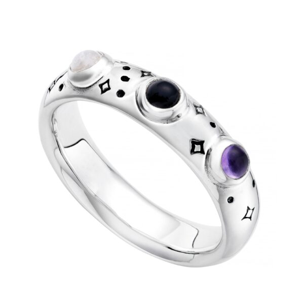 TRIPLE THREAT - Sterling Silver, Onyx, Moonstone and Amethyst Ring