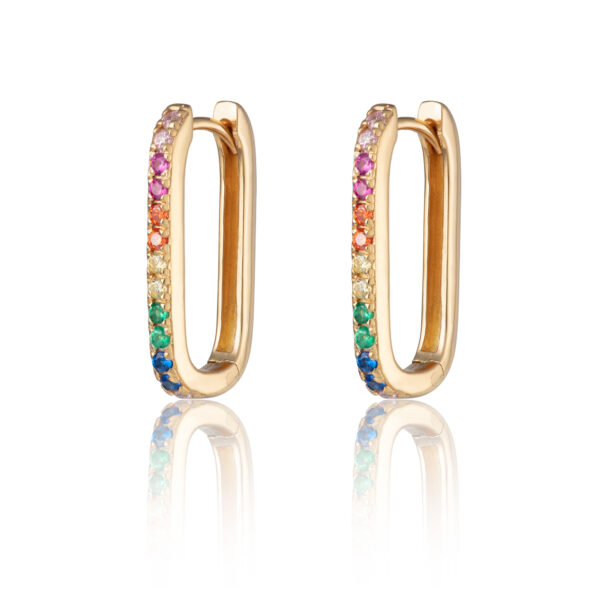 Oval Hoop Earrings with Rainbow Stones (Gold Plated)