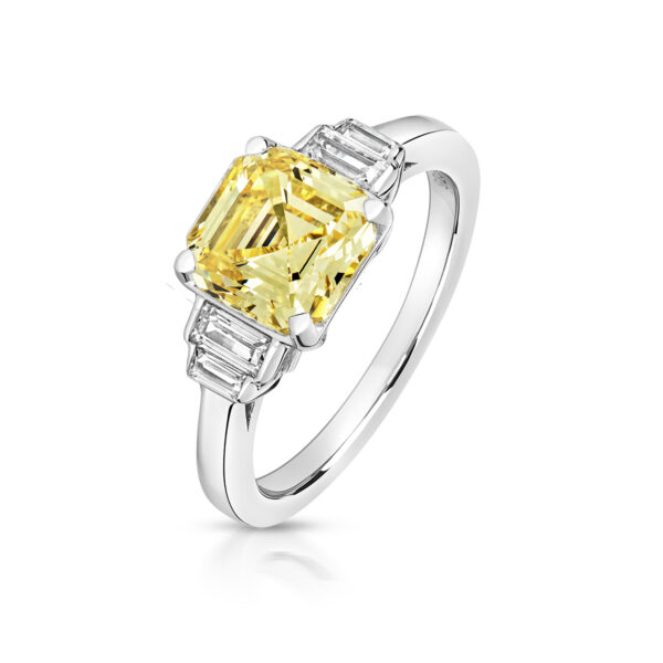 Sterling Silver Asscher Cut Yellow Centre Stone With Baguette Sides Ring