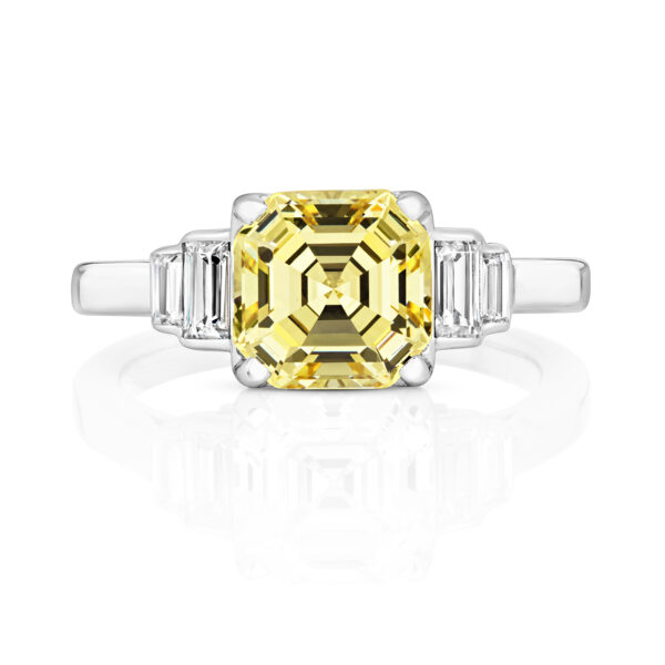 Sterling Silver Asscher Cut Yellow Centre Stone With Baguette Sides Ring - Image 2