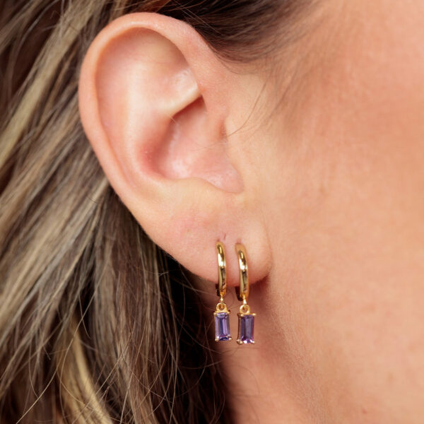 Hannah Martin Violet Baguette Charm Hoop Earrings (Gold Plated) - Image 2