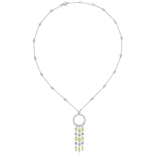 Sterling Silver Yellow Oval And Marquise Long Tassles Circle Pendant On Stone Set Chain