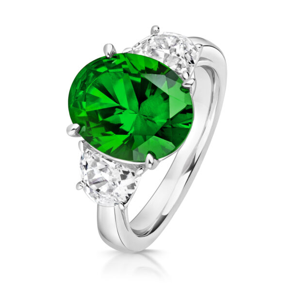 Sterling Silver Green Oval Centre With Half Moon Sides Trilogy Ring - Image 2