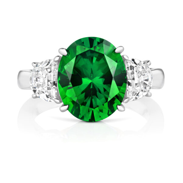 Sterling Silver Green Oval Centre With Half Moon Sides Trilogy Ring