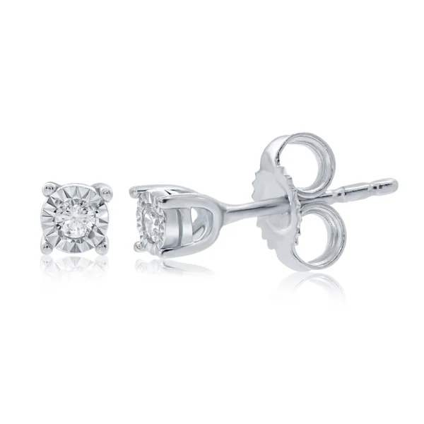 9CT WHITE GOLD SINGLE STONE MIRACLE PLATE DIAMOND STUD EARRINGS 0.05CT