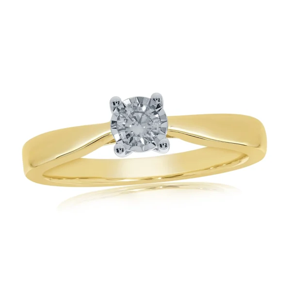 9CT GOLD SINGLE STONE MIRACLE PLATE DIAMOND RING 0.17CT
