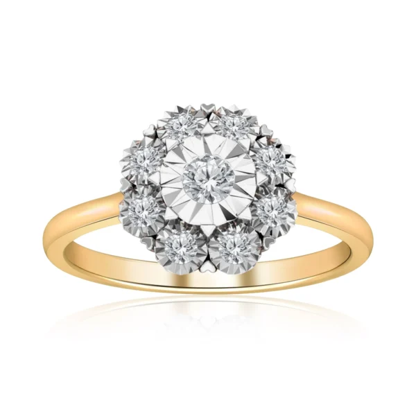 9CT YELLOW GOLD MIRACLE PLATE DIAMOND CLUSTER RING 0.08CT